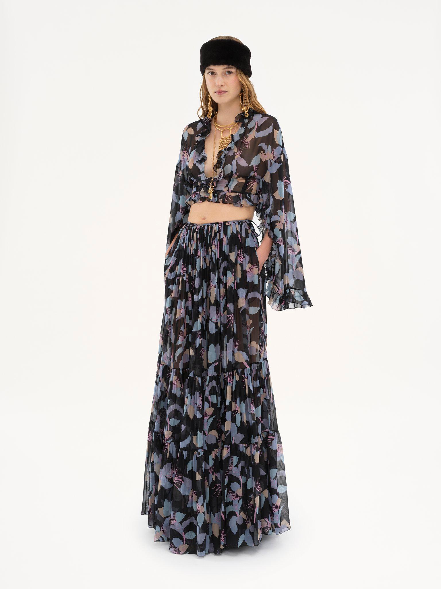 Gathered maxi skirt in silk georgette Product Image