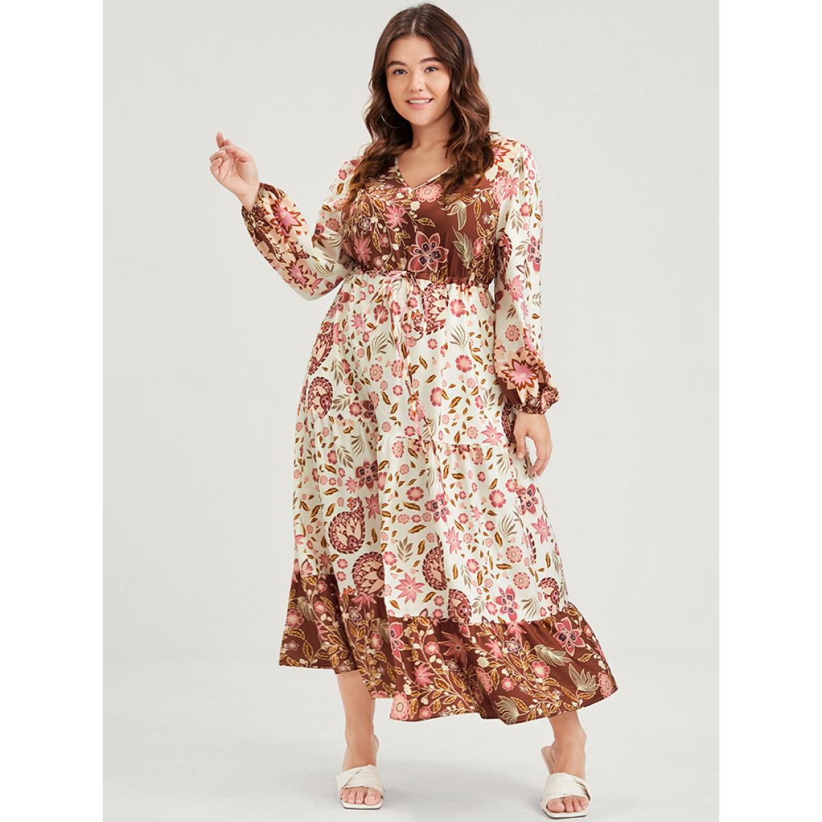 Plus Size Floral Lantern Sleeve Pocket Split Tie Flutter Midi Dress WhiteSmoke Women Vacation Gathered V-neck Long Sleeve Curvy Midi Dress BloomChic 14-16/1X Product Image