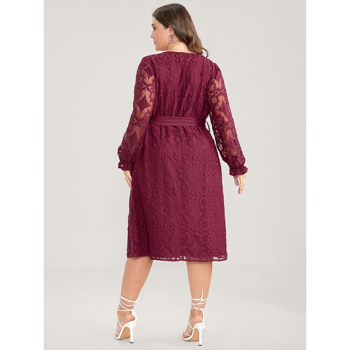 Plus Size Solid Square Neck Lantern Sleeve Belted Lace Dress Scarlet Women Glamour Belted Square Neck Long Sleeve Curvy Midi Dress BloomChic 26/4X Product Image