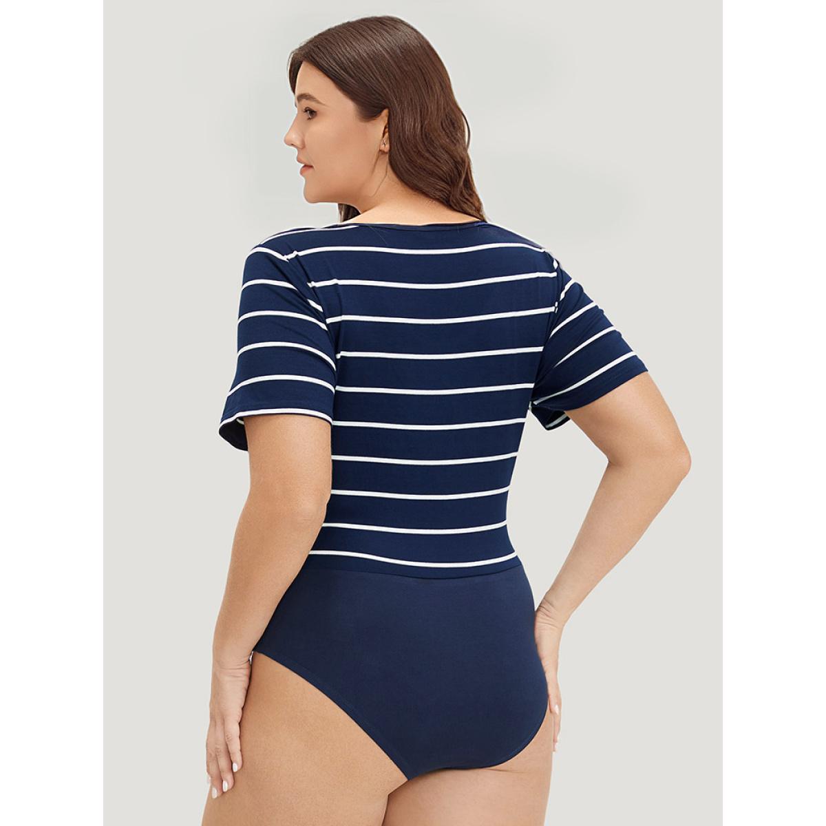 Plus Size Striped Contrast Patchwork Crew Neck Bodysuit Women Midnight Striped Bodysuits BloomChic 14-16/1X Product Image