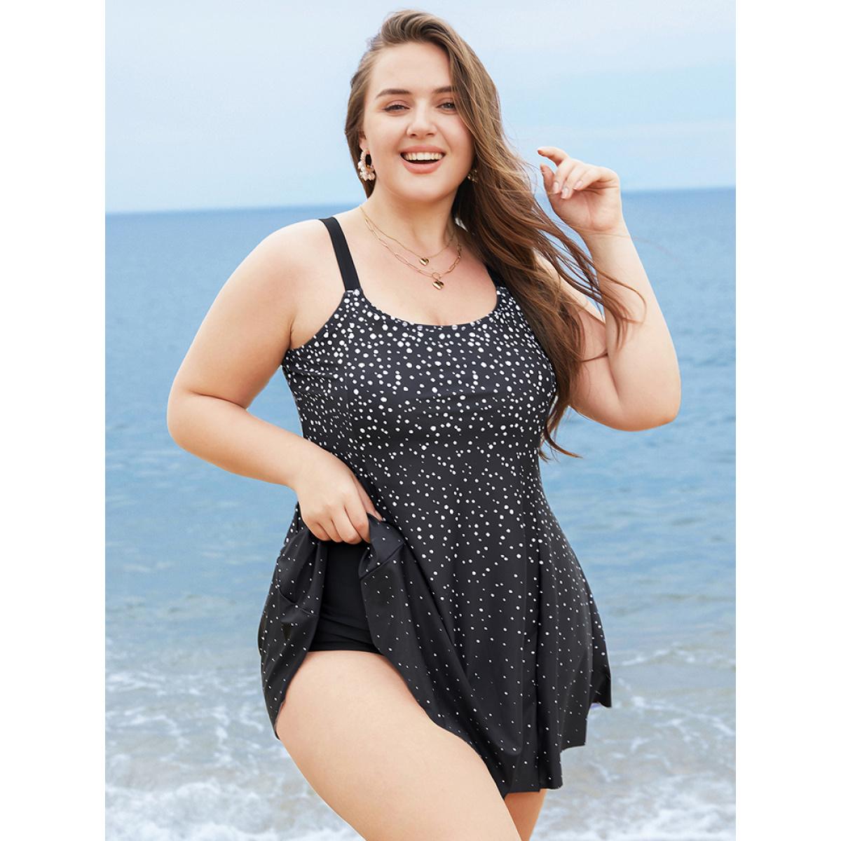 Plus Size Polka Dot Sculpt Waist A Line Swim Dress Women's Swimwear Black Vacation Bodycon High stretch Curve Swim Dresses BloomChic 26/4X Product Image