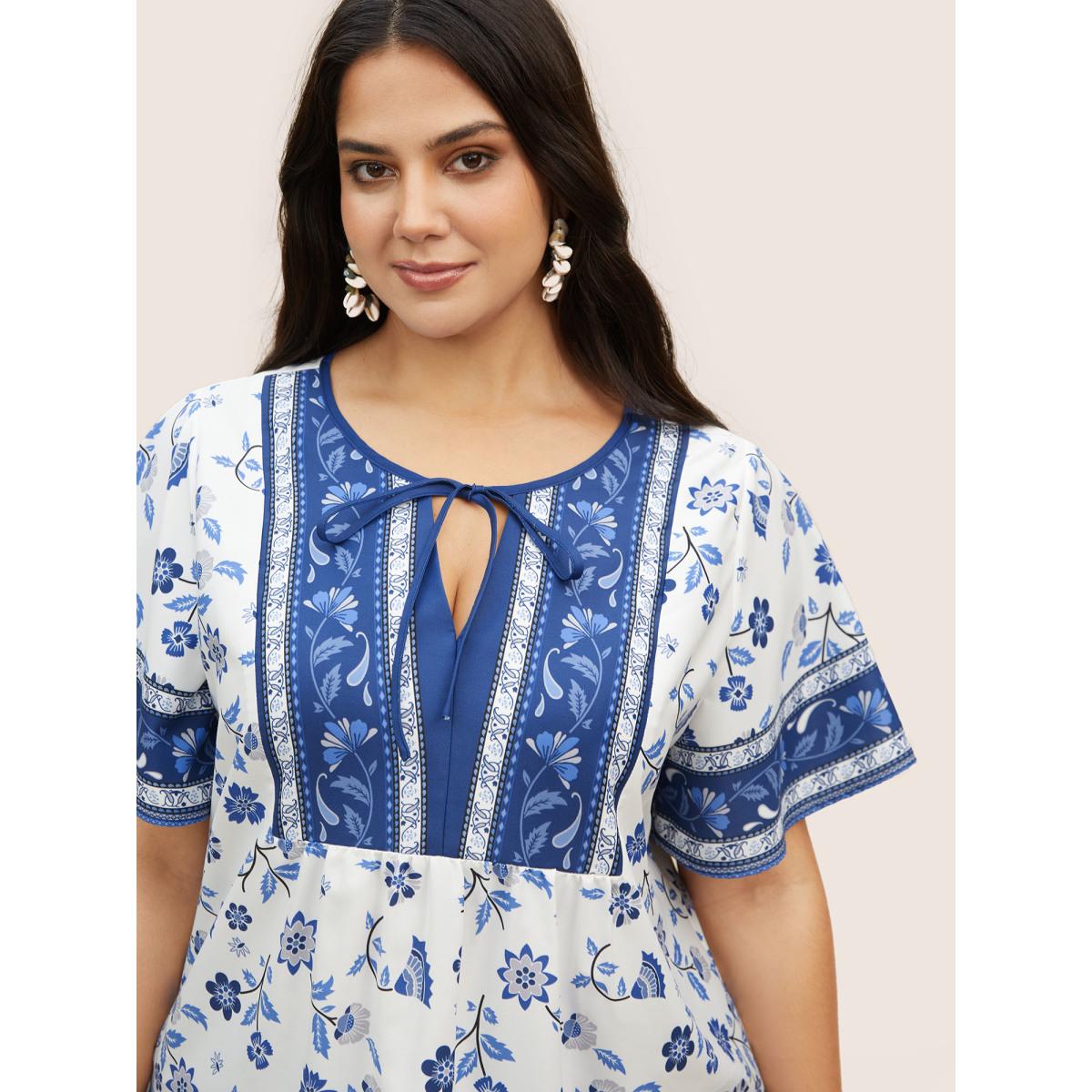 Plus Size Aegean Boho Print Tie Knot Ruffle Sleeve Blouse Women Resort Short sleeve Flat collar with V-notch Vacation Blouses BloomChic 10/M Product Image