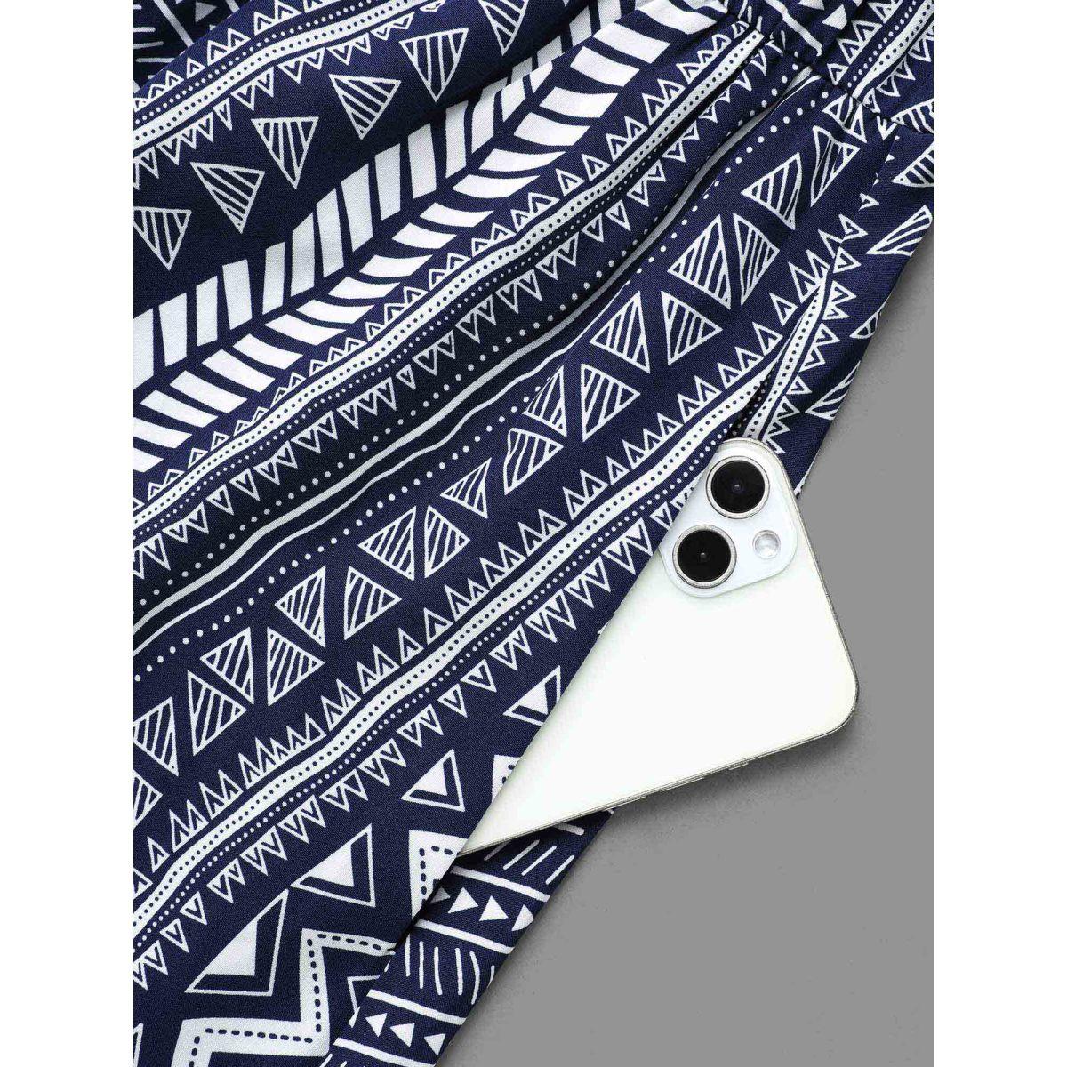 Plus Size Bandana Geometric Tassels Tie Knot Dress Indigo Women Resort Tie knot Flat collar with V-notch Long Sleeve Curvy BloomChic 30/6X Product Image