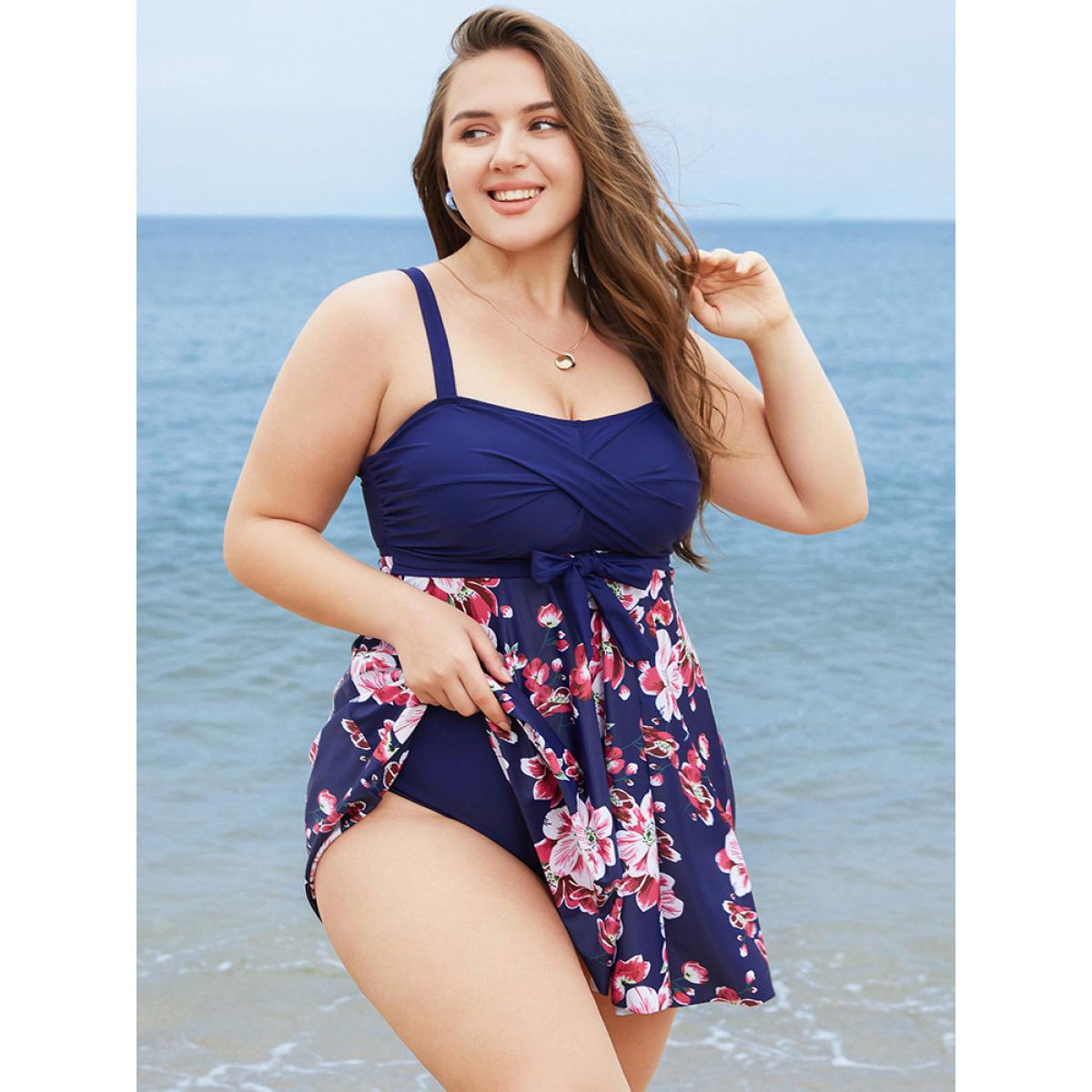 Plus Size Floral Print Knotted Twist Front A Line Swim Dress Women's Swimwear Indigo Vacation Bodycon High stretch Curve Swim Dresses BloomChic 30/6X Product Image