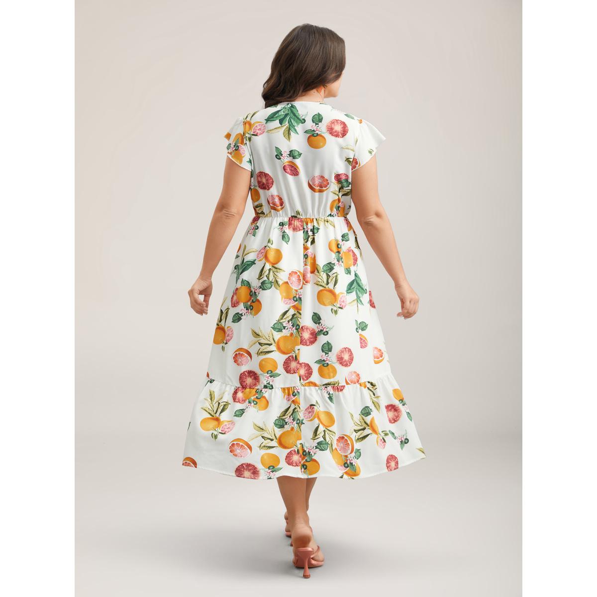 Plus Size Spring Fruits Wrap Neck Midi Dress Ivory Women Elegant Ruffles Overlap Collar Cap Sleeve Curvy BloomChic 28/5X Product Image