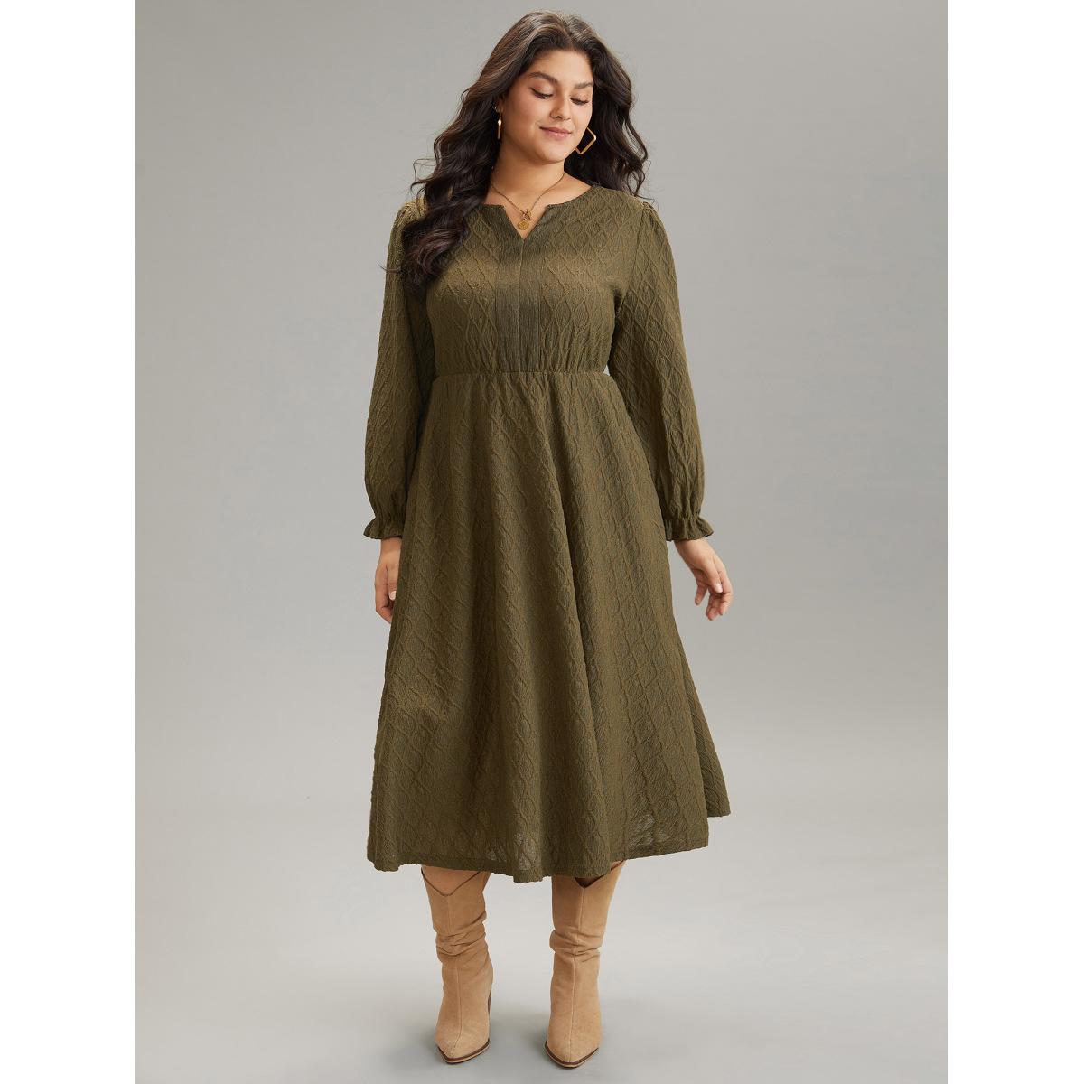 Plus Size Textured Jacquard Notched Ruffle Sleeve Dress DarkBrown Women At the Office Texture Notched collar Long Sleeve Curvy Midi Dress BloomChic 26/4X Product Image