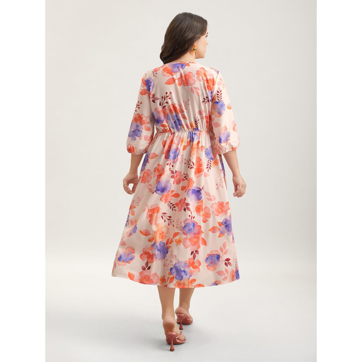 Plus Size Floral Fusion Front-Placket Midi Dress Blush Women Elegant Button V-neck Elbow-length sleeve Curvy BloomChic 22-24/3X Product Image