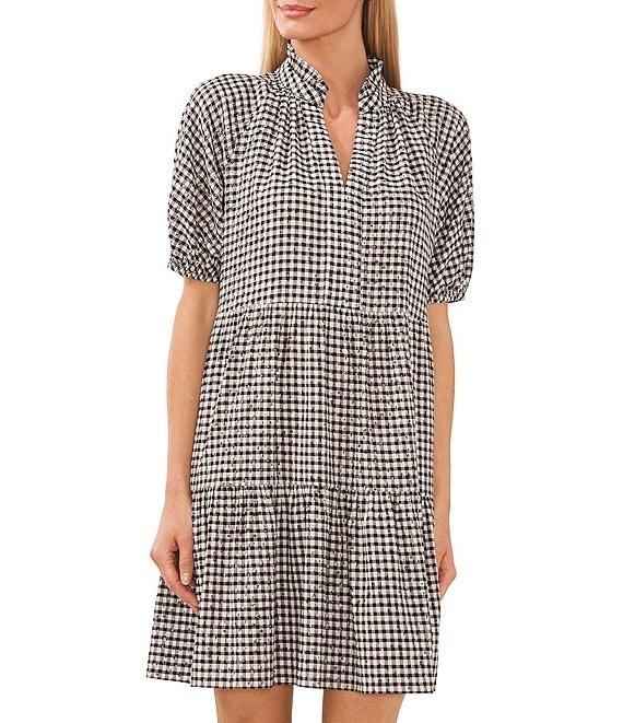 CeCe V-Neck Short Puff Sleeve Tiered Gingham Babydoll Dress Product Image