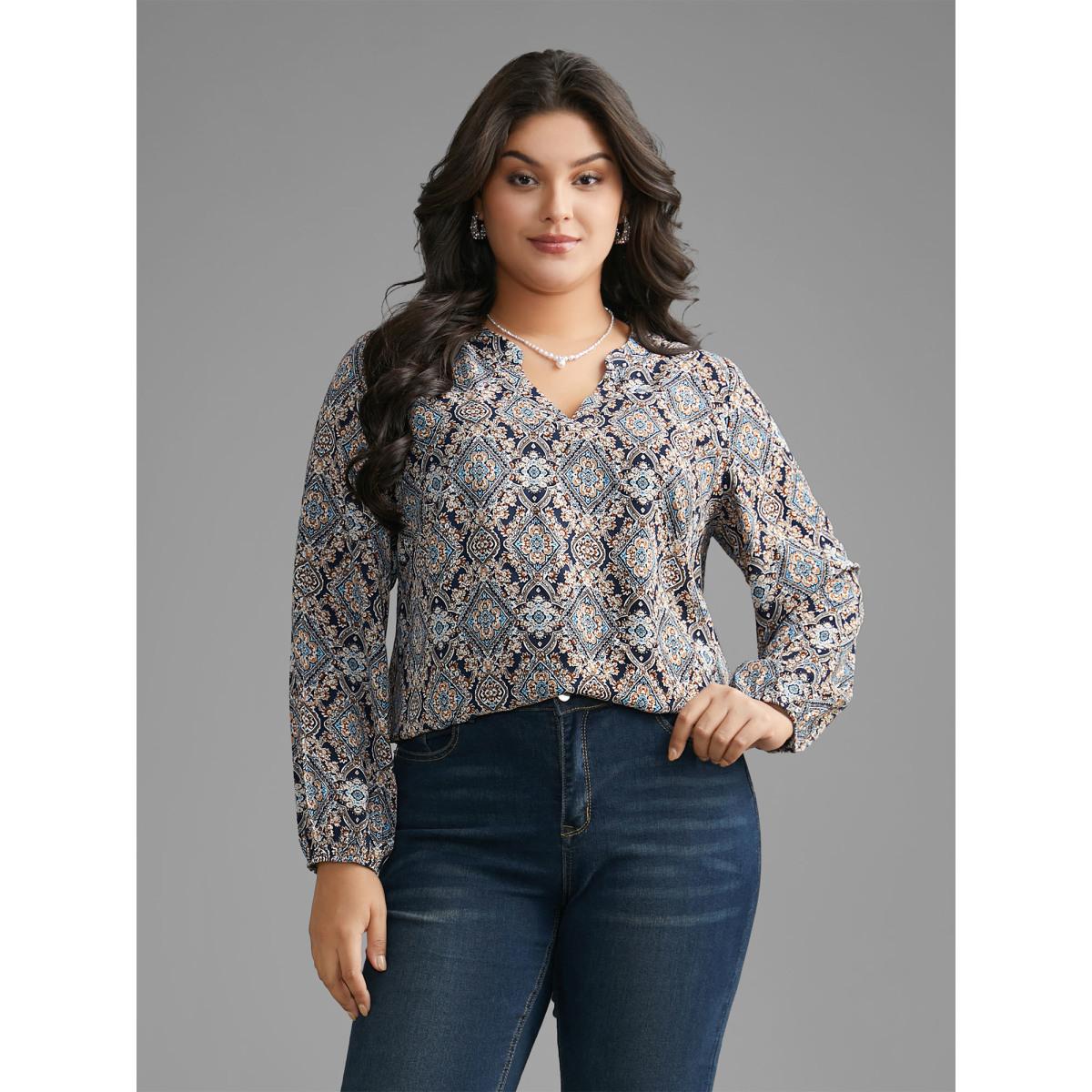 Plus Size Indigo Boho Print Notched Collar Slit Hem Blouse Women Elegant Long Sleeve Notched collar Everyday Blouses BloomChic 18-20/2X Product Image