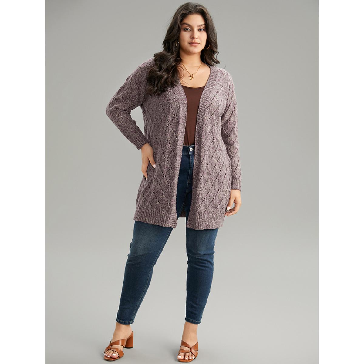 Plus Size Heather Eyelet Open Front Plisse Cardigan Mauve Women Casual Loose Long Sleeve Everyday Cardigans BloomChic 28/5X Product Image