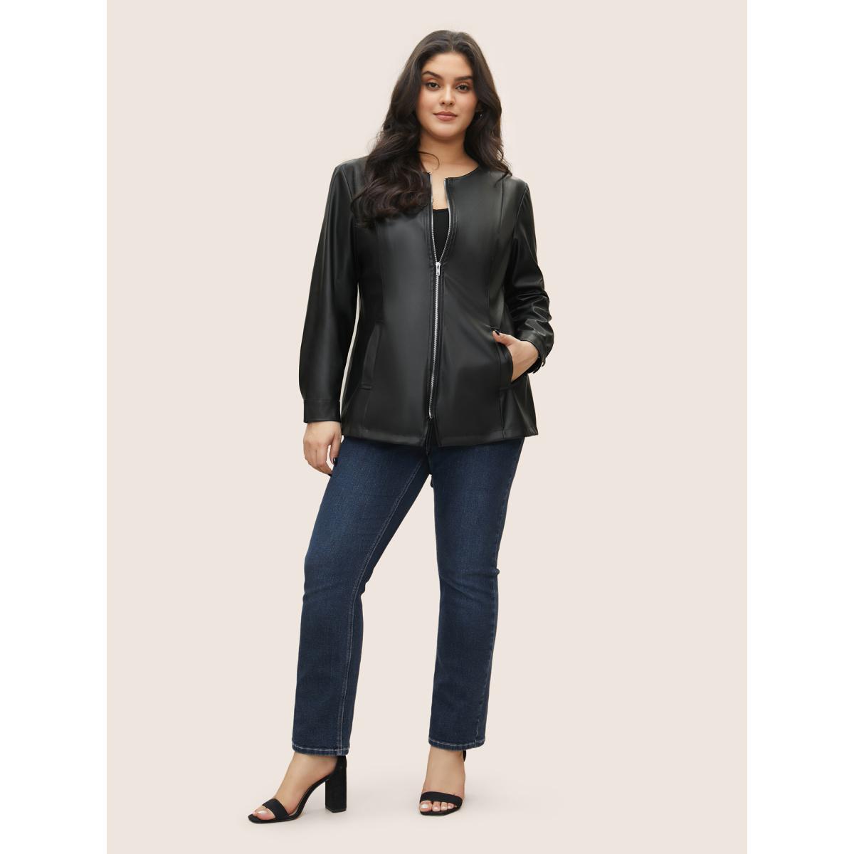 Plus Size PU Leather Pocket Zipper Jacket Women Black Non Side seam pocket Everyday Jackets BloomChic 12/L Product Image
