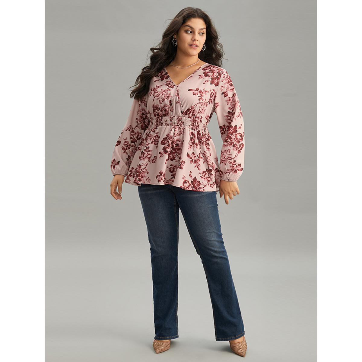 Plus Size Burgundy Floral Print Shirred Surplice Neck Blouse Women Elegant Long Sleeve Overlap Collar Everyday Blouses BloomChic 18-20/2X Product Image