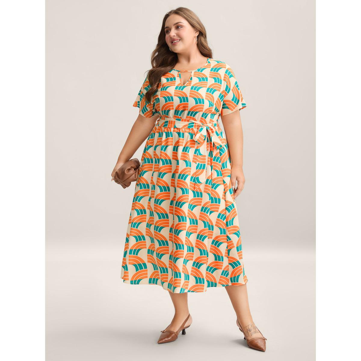 Plus Size Geometric Pattern Stretchy Waist Pockets Midi Dress Multicolor Women At the Office Belted Notched collar Short sleeve Curvy BloomChic 22-24/3X Product Image