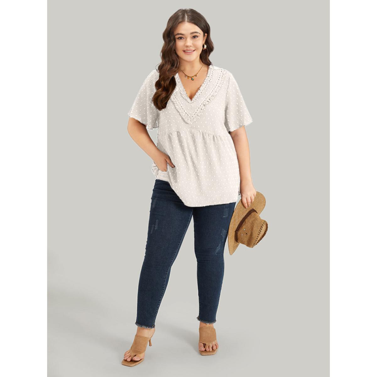 Plus Size White Polka Dot Frill Trim V Neck Flutter Blouse Women Elegant Short sleeve V-neck Work Blouses BloomChic 18-20/2X Product Image