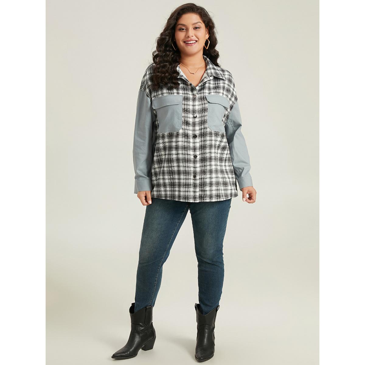 Plus Size Plaid Pocket Patchwork Contrast Coat Women LightBlue Casual Contrast Ladies Everyday Winter Coats BloomChic 14-16/1X Product Image