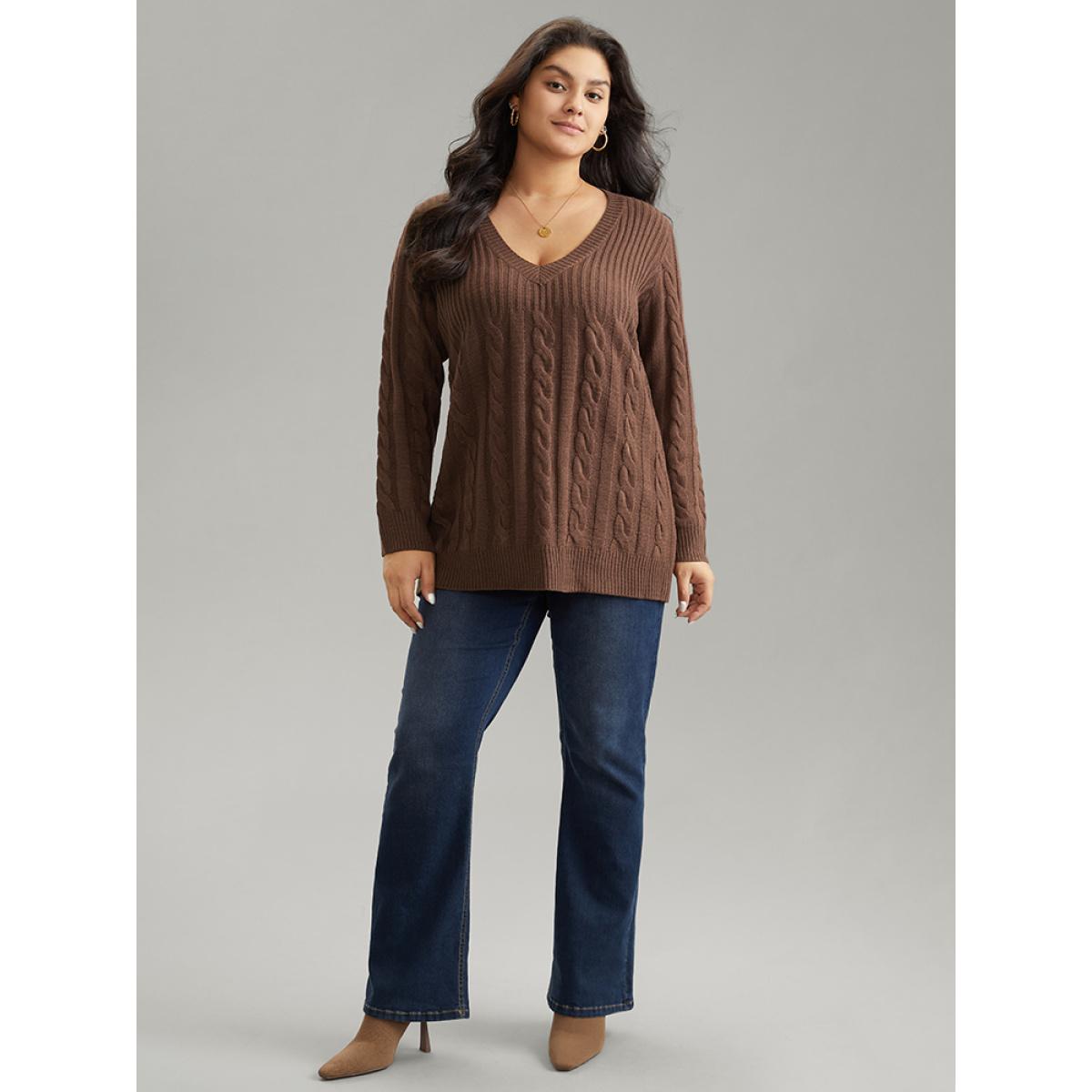 Plus Size Cable Knit Patchwork Plisse V Neck Pullover DarkBrown Women Casual Loose Long Sleeve V-neck Dailywear Pullovers BloomChic 10/M Product Image