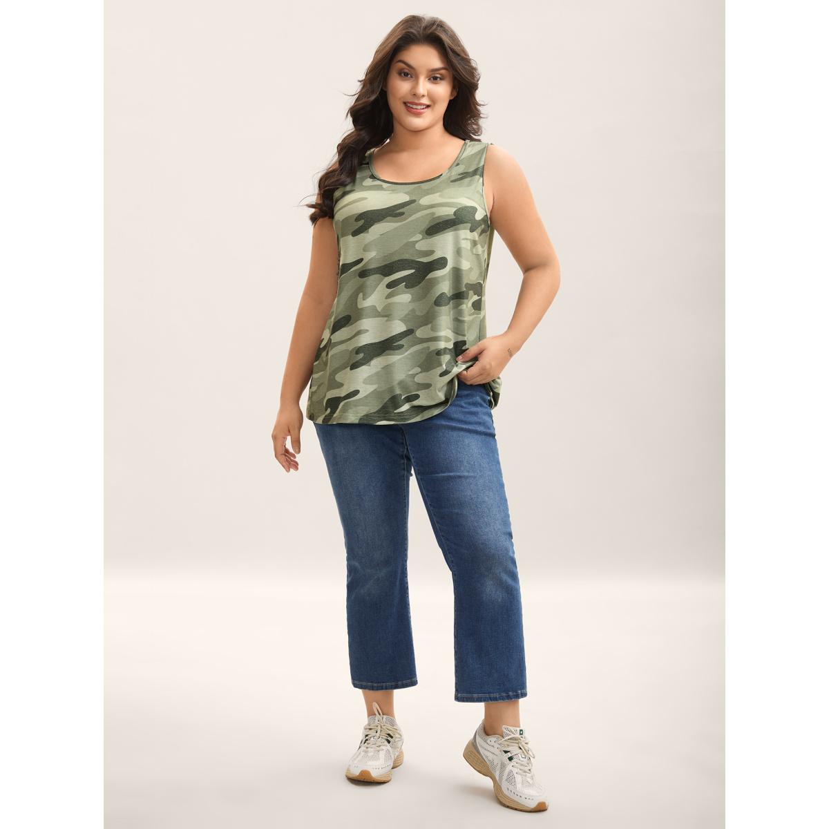 Plus Size Camouflage Print Round Neck Tank Top Women Multicolor Leisure Contrast Round Neck Casual Tank Tops Camis BloomChic 10/M Product Image