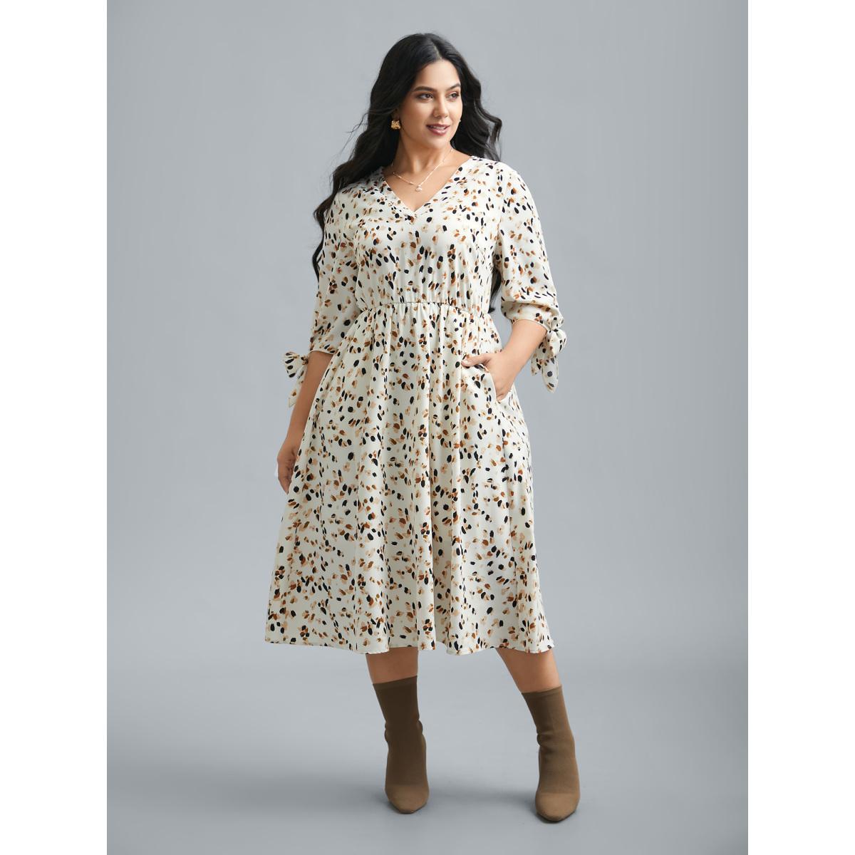 Plus Size Printed Stretchy Waist-Cinched Midi Dress Apricot Women Elegant Tie knot V-neck Elbow-length sleeve Curvy BloomChic 30/6X Product Image