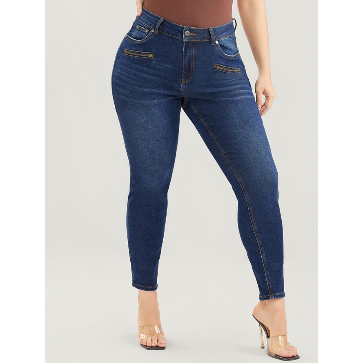 Plus Size Skinny Slightly Stretchy High Rise Dark Wash Zipper Front Jeans Women Indigo Casual Plain Zipper Low stretch Pocket Jeans BloomChic 16/1X Product Image