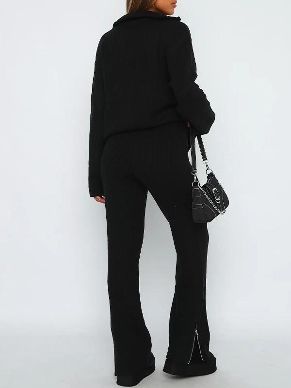 Solid Half Zip Long Sleeve Knit & Slit Pants Set Product Image