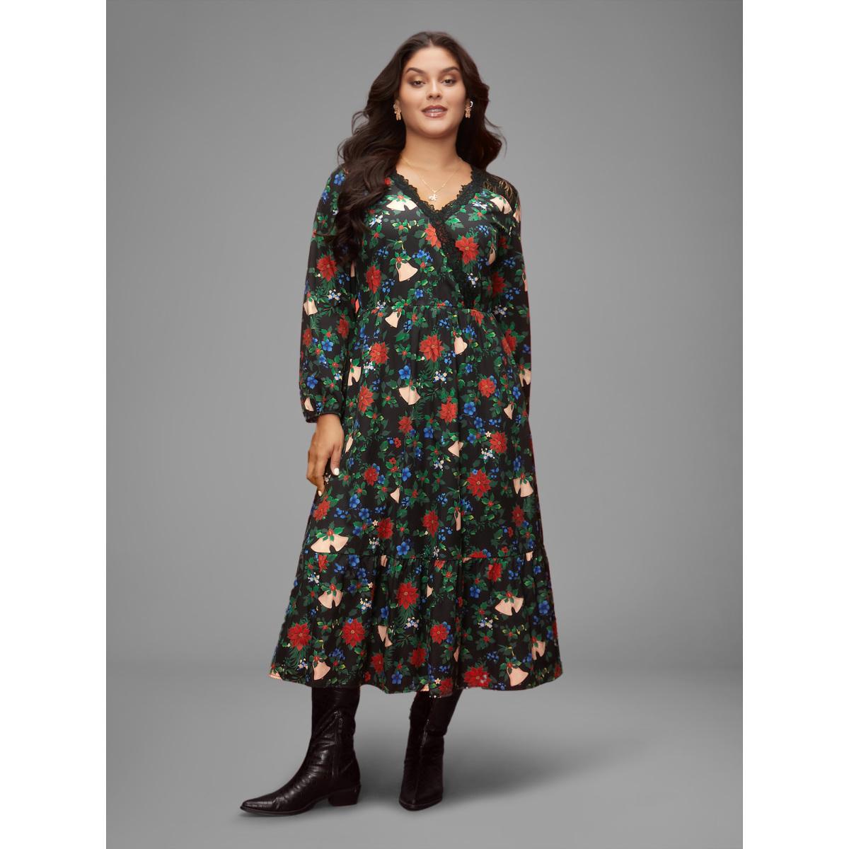 Plus Size Floral Lace Surplice Neckline Midi Dress Emerald Women Elegant Woven ribbon&lace trim Overlap Collar Long Sleeve Curvy BloomChic 22-24/3X Product Image