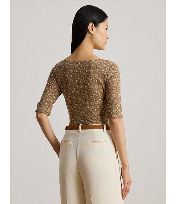 Lauren Ralph Lauren Knit Geo Print Stretch Cotton Boat Neck Elbow Sleeve Tee Product Image