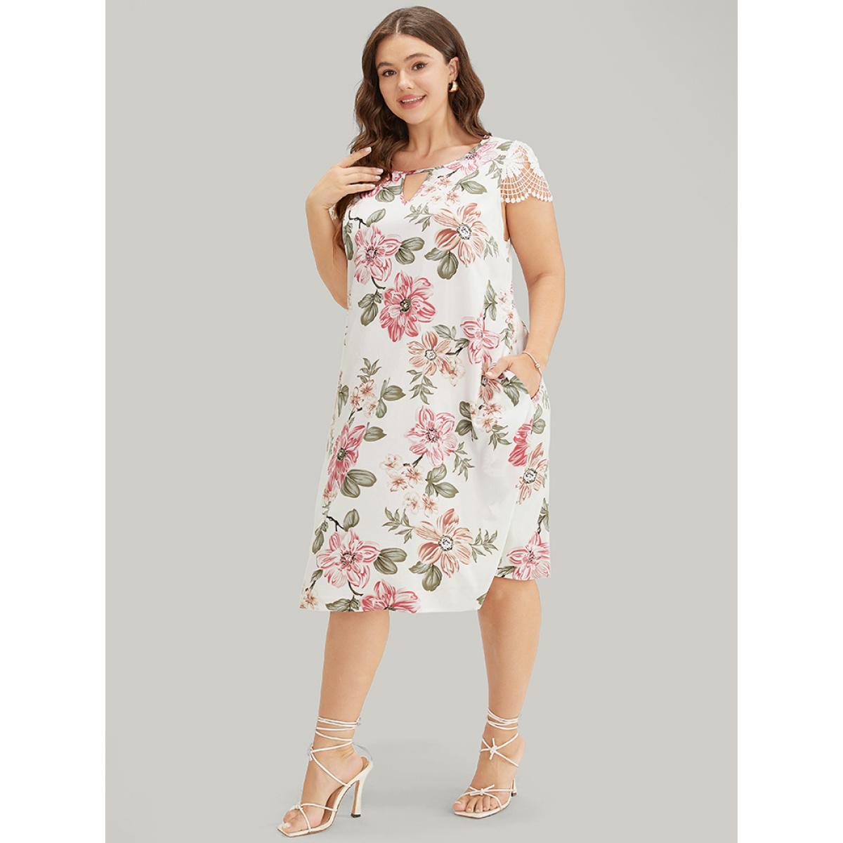 Plus Size Floral Pocket Keyhole Lace Cap Sleeve Flutter Dress Multicolor Women Elegant Printed Keyhole Cut-Out Cap Sleeve Curvy Knee Dress BloomChic 26/4X Product Image