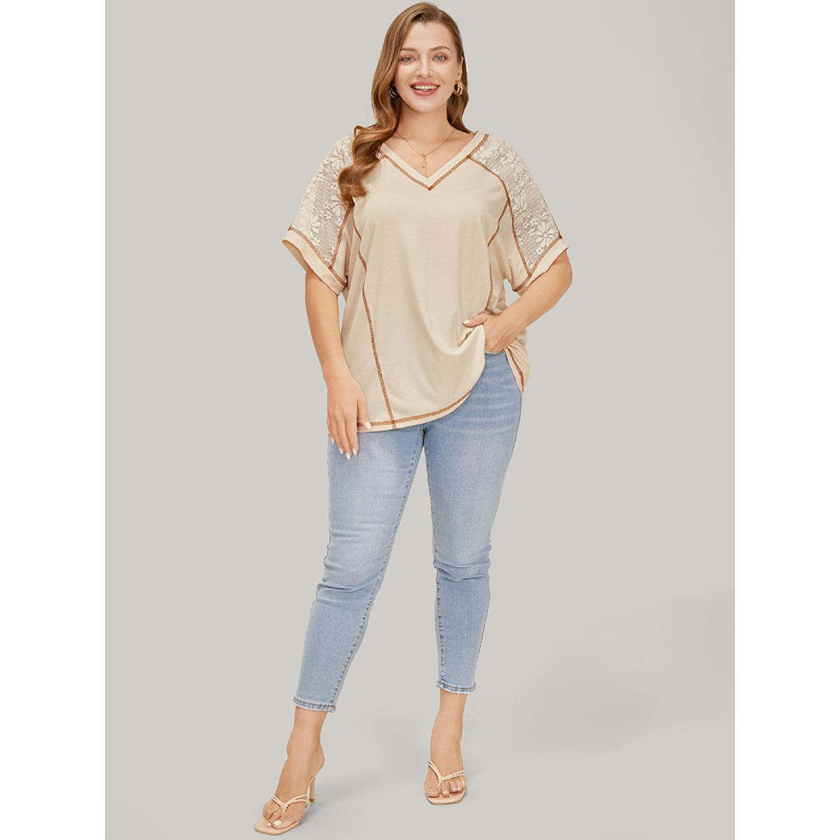 Plus Size Floral Lace Insert Stitch Trim T-shirt Beige Women Elegant Plain V-neck Dailywear T-shirts BloomChic 28/5X Product Image