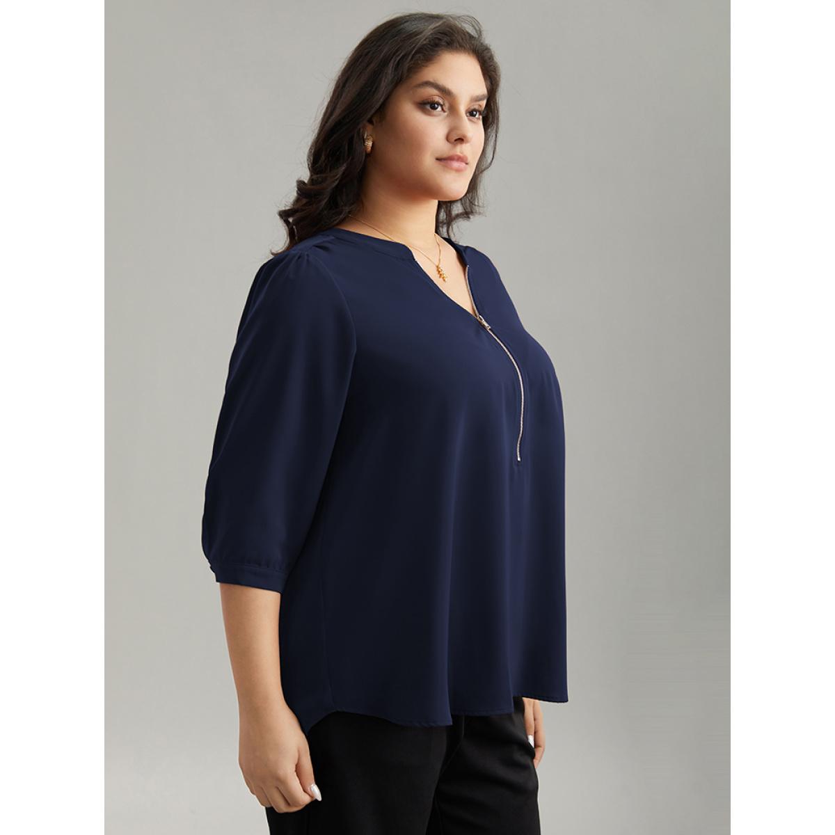 Plus Size DarkBlue Plain Half Zip Gathered Blouse Women Work From Home Elbow-length sleeve V-neck Office Blouses BloomChic 10/M Product Image
