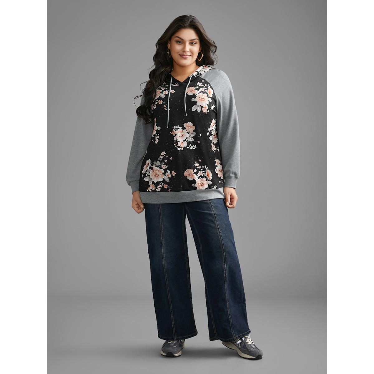 Plus Size Floral Patchwork Hooded Drawstring Sweatshirt Women DarkGray Casual Contrast Hooded Everyday Sweatshirts BloomChic 10/M Product Image