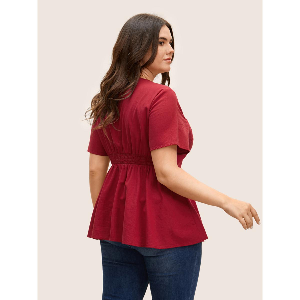 Plus Size Raspberry Square Neck Button Detail Shirred Blouse Women Elegant Short sleeve Square Neck Everyday Blouses BloomChic 28/5X Product Image