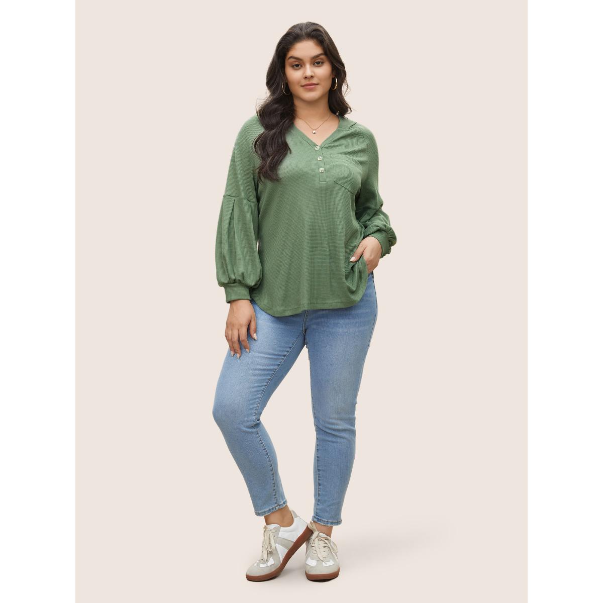 Plus Size Waffle Knit Hooded Lantern Sleeve Patched Pocket Sweatshirt Women Mint Casual Texture Hooded Everyday Sweatshirts BloomChic 14-16/1X Product Image