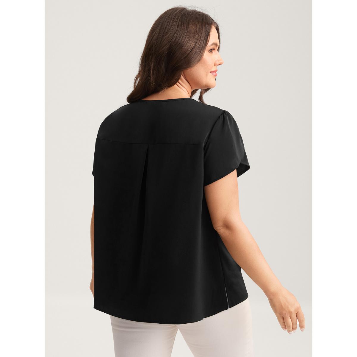 Plus Size Black Metallic Detail Pleated Solid Blouse Women Short sleeve Round Neck Work Blouses BloomChic 12/L Product Image