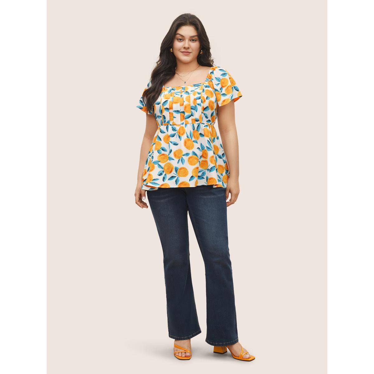 Plus Size Ivory Citrus Square Neck Orange Print Pleated Blouse Women Elegant Short sleeve Square Neck Everyday Blouses BloomChic 12/L Product Image
