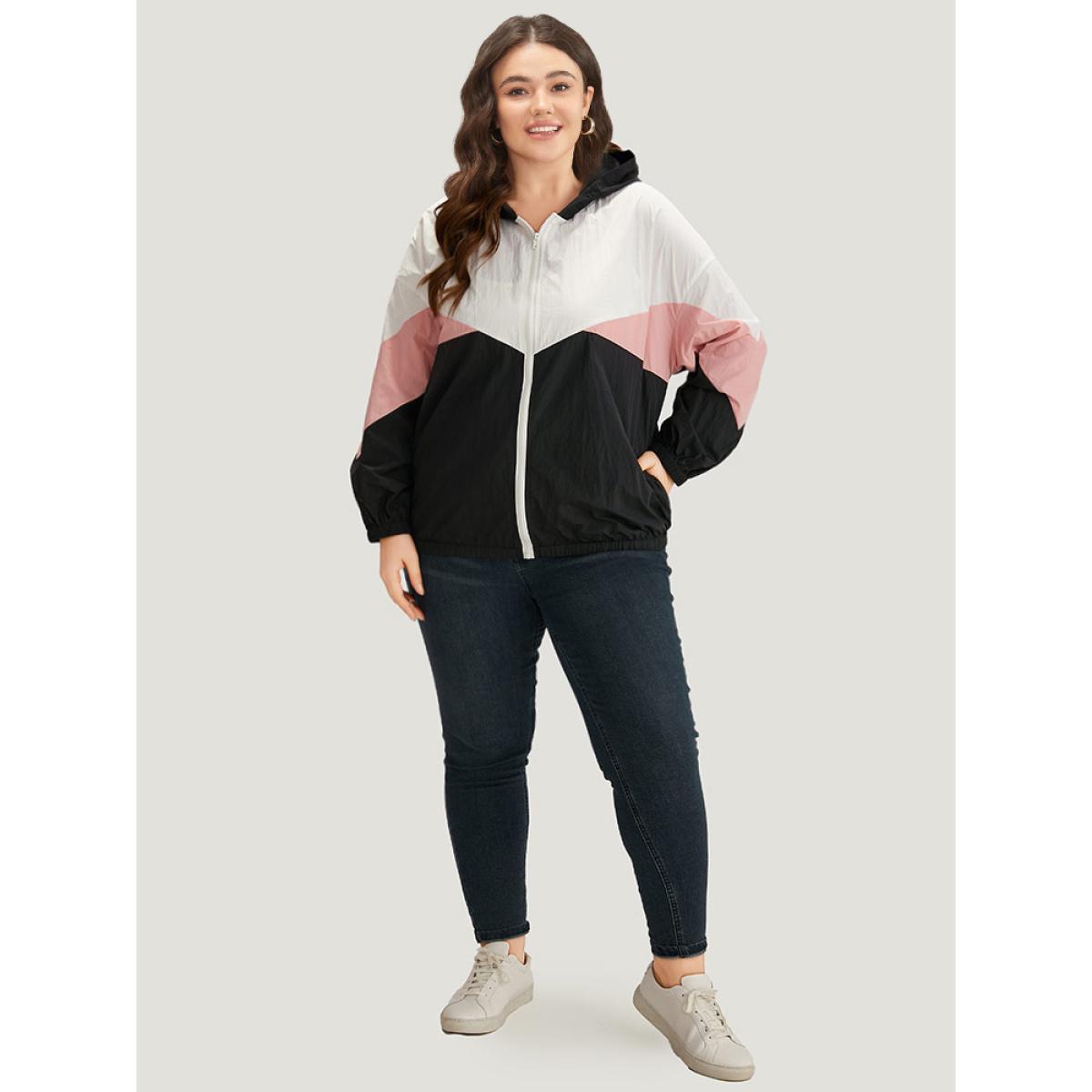 Plus Size Colorblock Contrast Zipper Pocket Hooded Jacket Women Black Elastic cuffs Pocket Dailywear Jackets BloomChic 22-24/3X Product Image