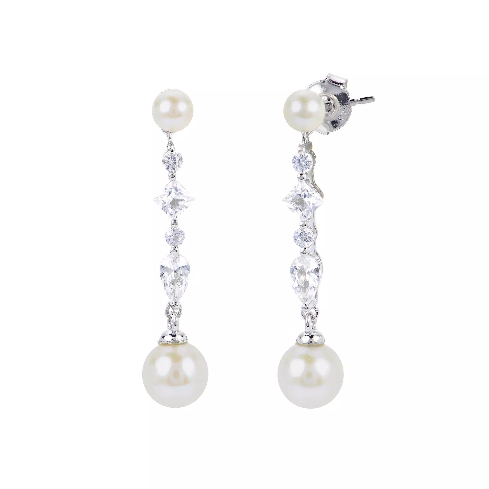 PearLustre by Imperial Sterling Silver Freshwater Cultured Pearl & Lab-Created White Sapphire Drop Earrings, Womens Product Image