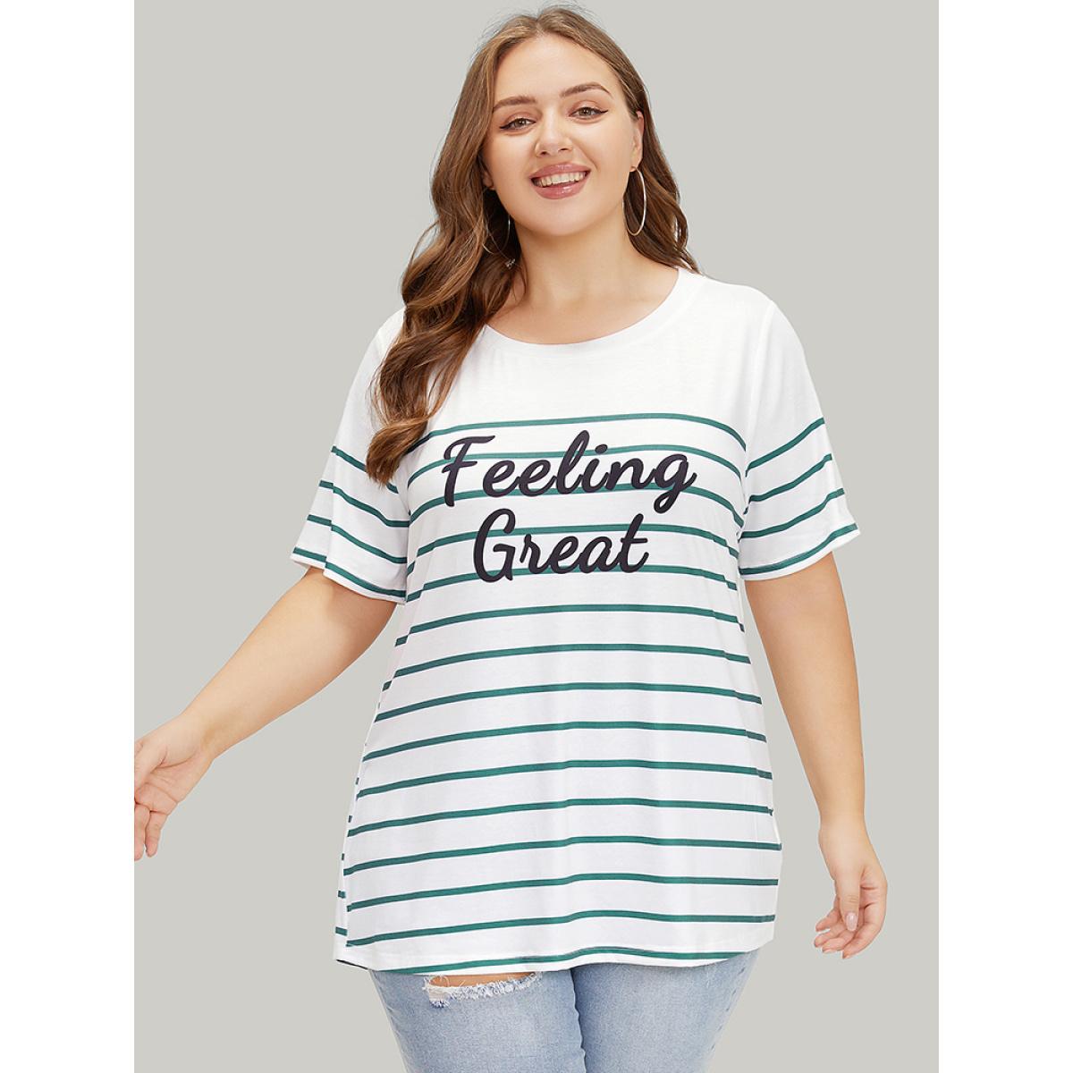 Plus Size Striped & Slogans Print Crew Neck T-shirt White Women Casual Positive slogan Dailywear T-shirts BloomChic 28/5X Product Image