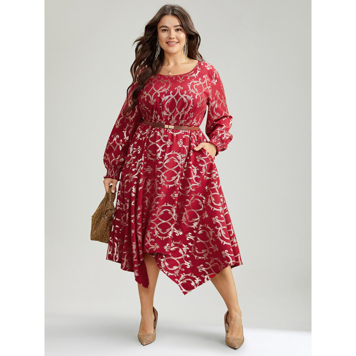Plus Size Geometric Glitter Shirred Hanky Hem Dress Raspberry Women Party Printed Round Neck Long Sleeve Curvy Midi Dress BloomChic 10/M Product Image