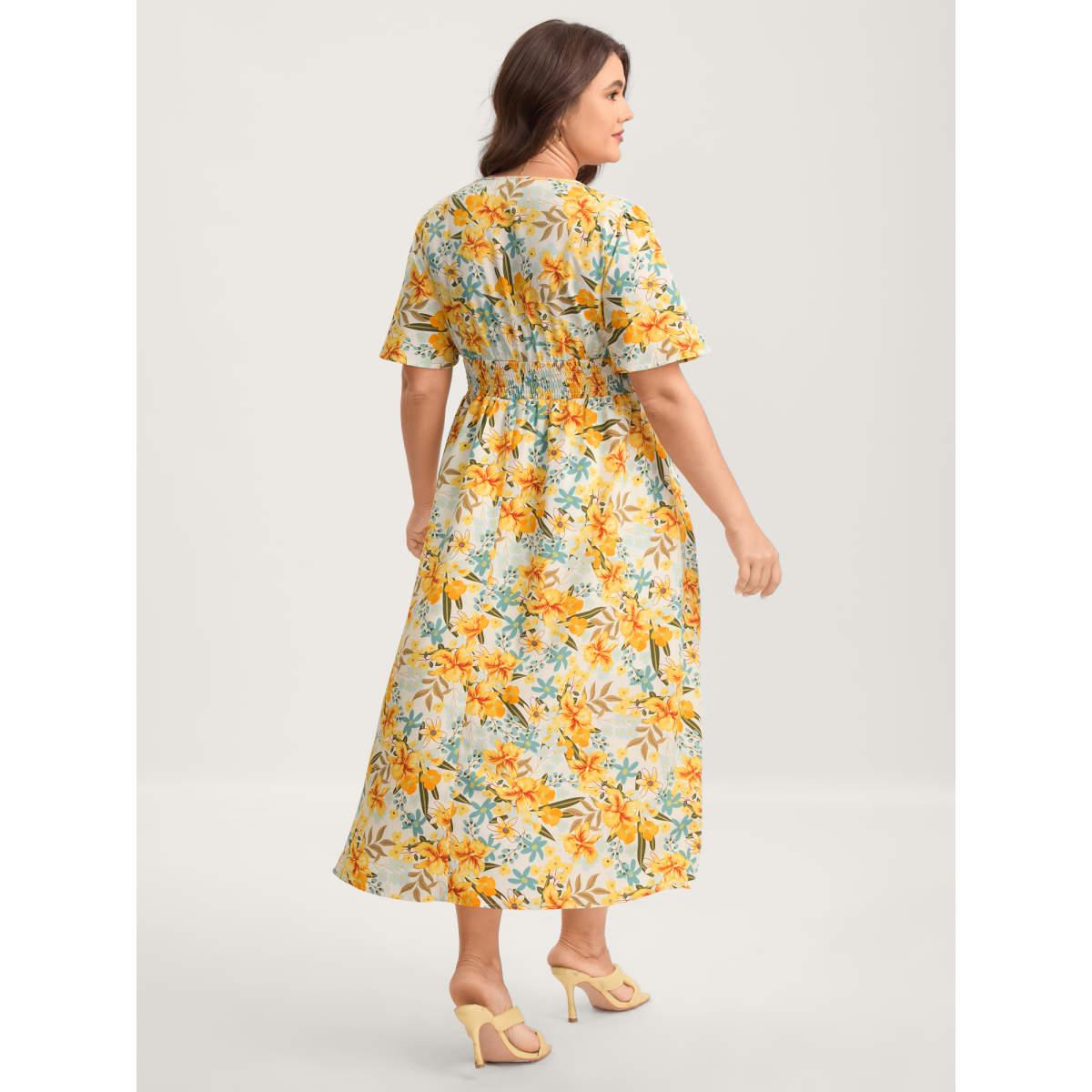 Plus Size Sunkissed Floral Shirred Waist Midi Dress Lemonyellow Women V-neck Short sleeve Curvy BloomChic 10/M Product Image