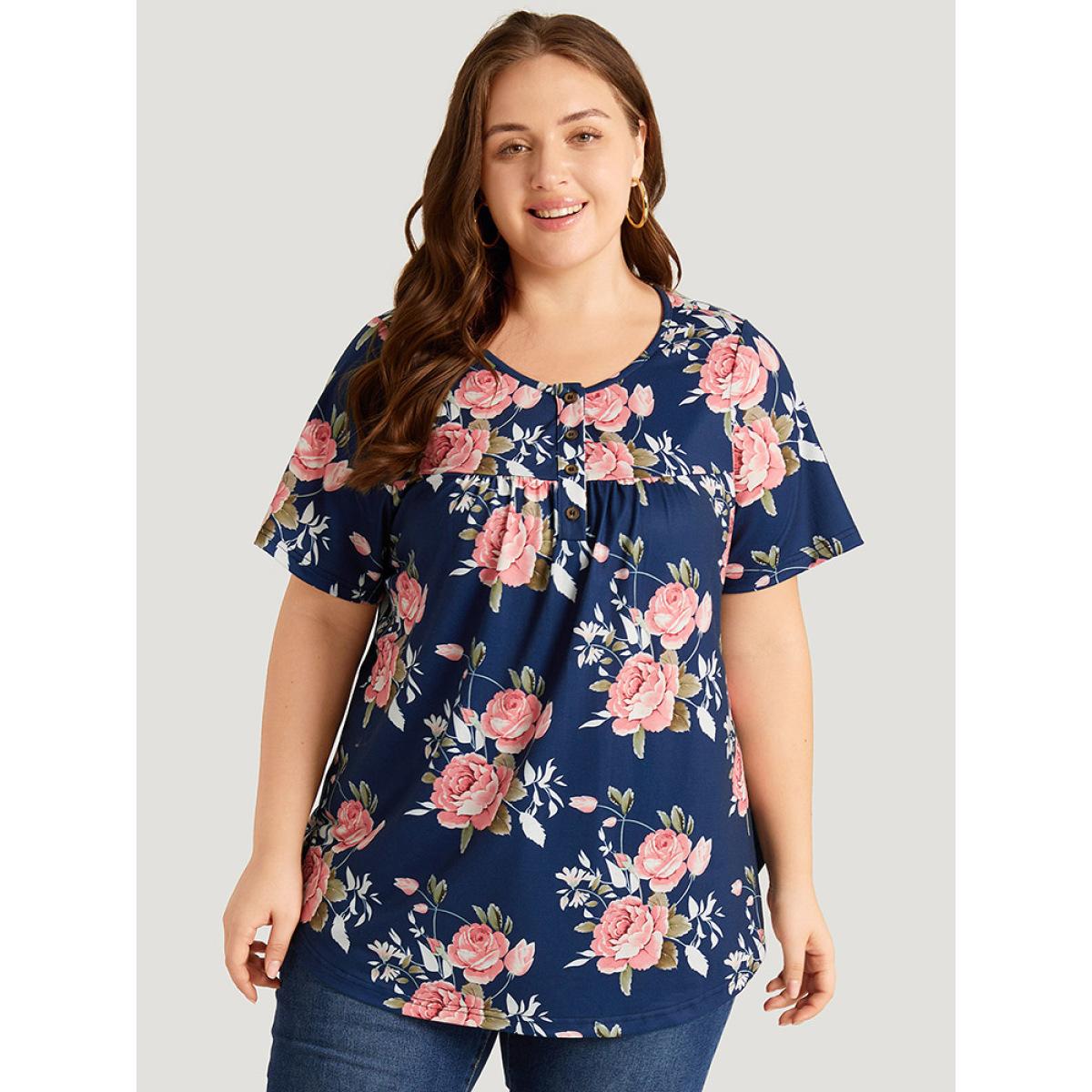 Plus Size Floral Print Button Up Flutter Gathered T-shirt Blue Women Elegant Printed Floral Open Front Dailywear T-shirts BloomChic 30/6X Product Image