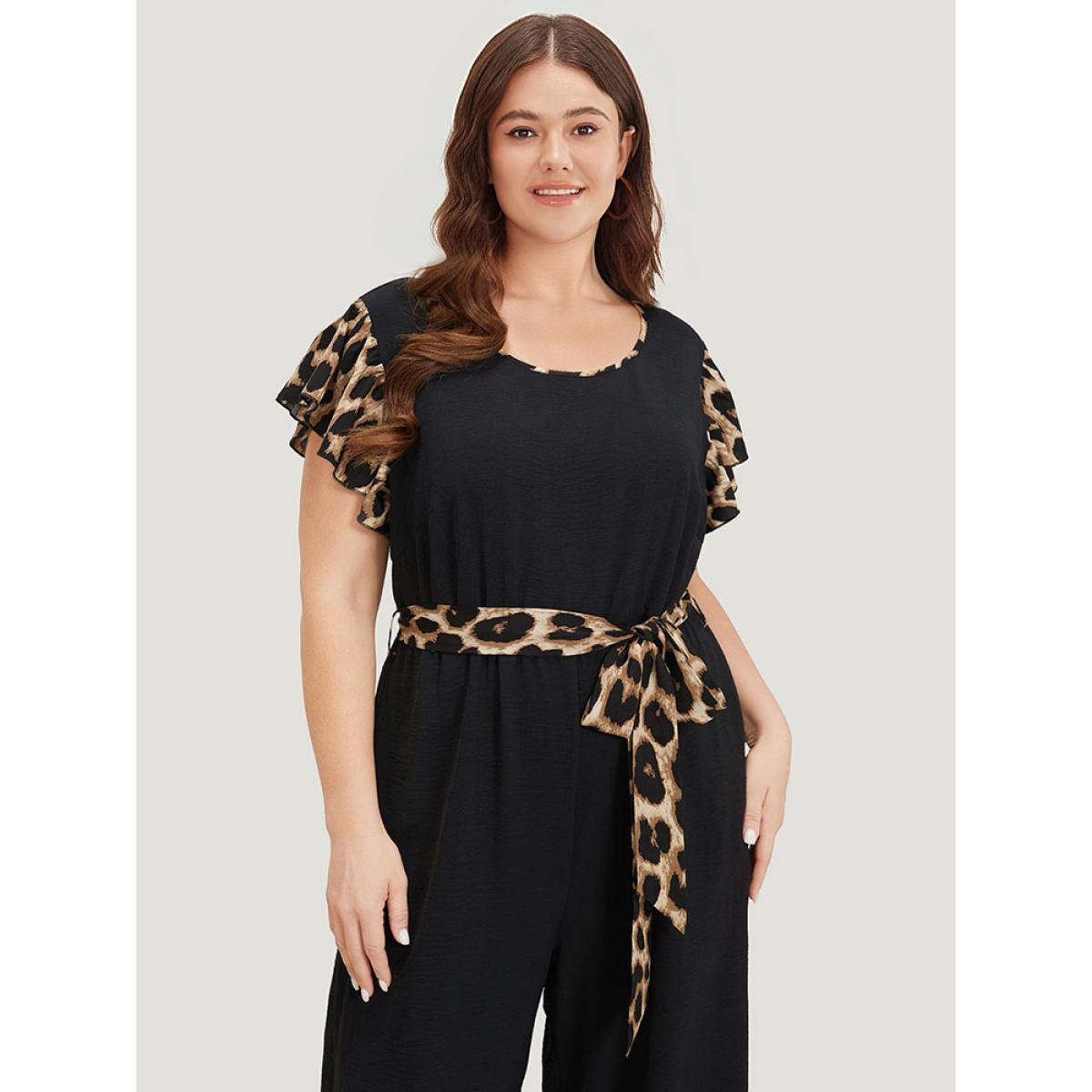 Plus Size DarkBlue Leopard Patchwork Pocket Belted Ruffle Sleeve Jumpsuit Women Office Sleeveless Round Neck Office Loose Jumpsuits BloomChic 30/6X Product Image