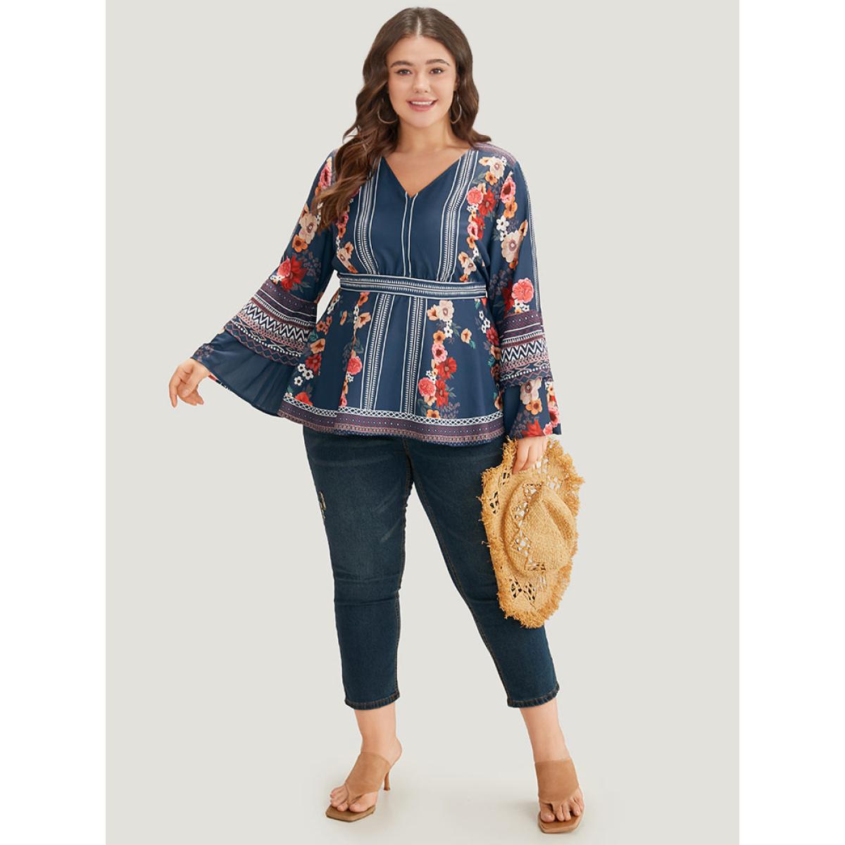 Plus Size Stone Boho Print V Neck Elastic Waist Bell Sleeve Blouse Women Vacation Long Sleeve V-neck Vacation Blouses BloomChic 28/5X Product Image