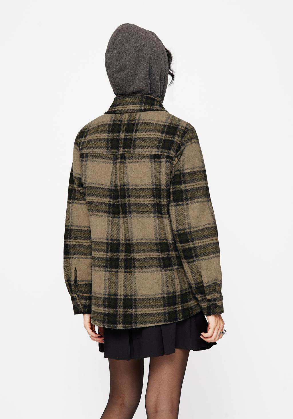Trellis Hooded Pocket Check Shacket - Green Product Image