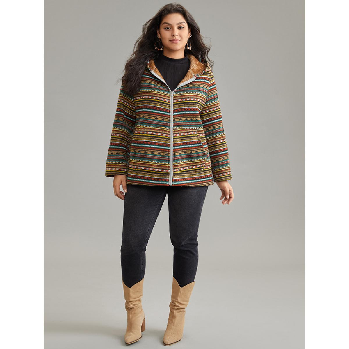 Plus Size Geometric Bandana Fluffy Hooded Zipper Jacket Women Bronze Contrast Pocket Dailywear Jackets BloomChic 10/M Product Image