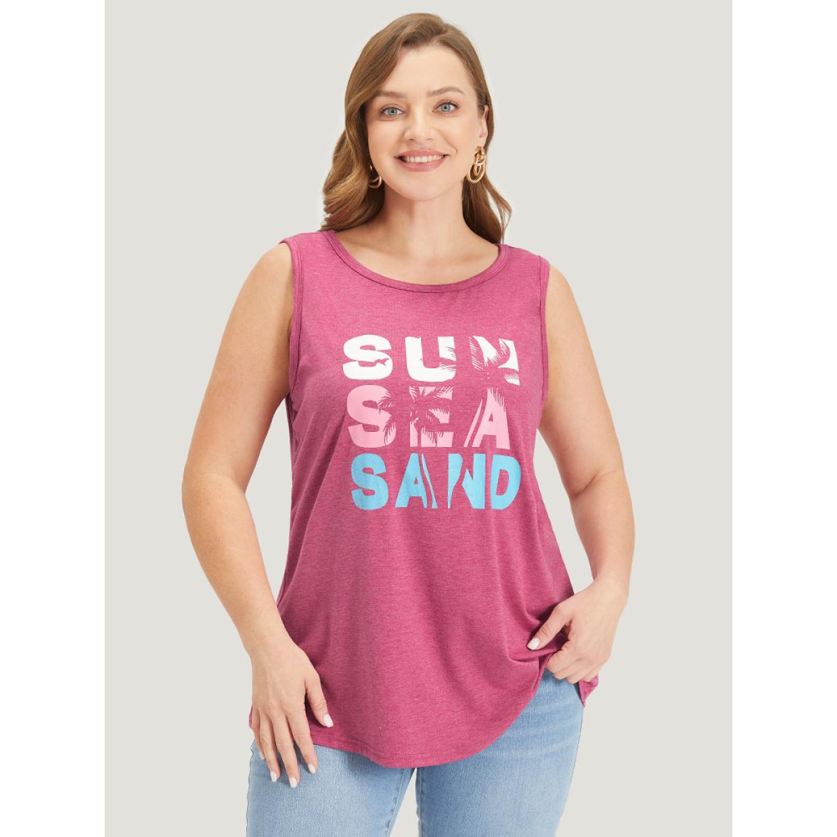 Plus Size Letter & Coconut Tree Print Crew Neck Graphic Tank Top Women RedViolet Casual Dailywear Tank Tops Camis BloomChic 10/M Product Image