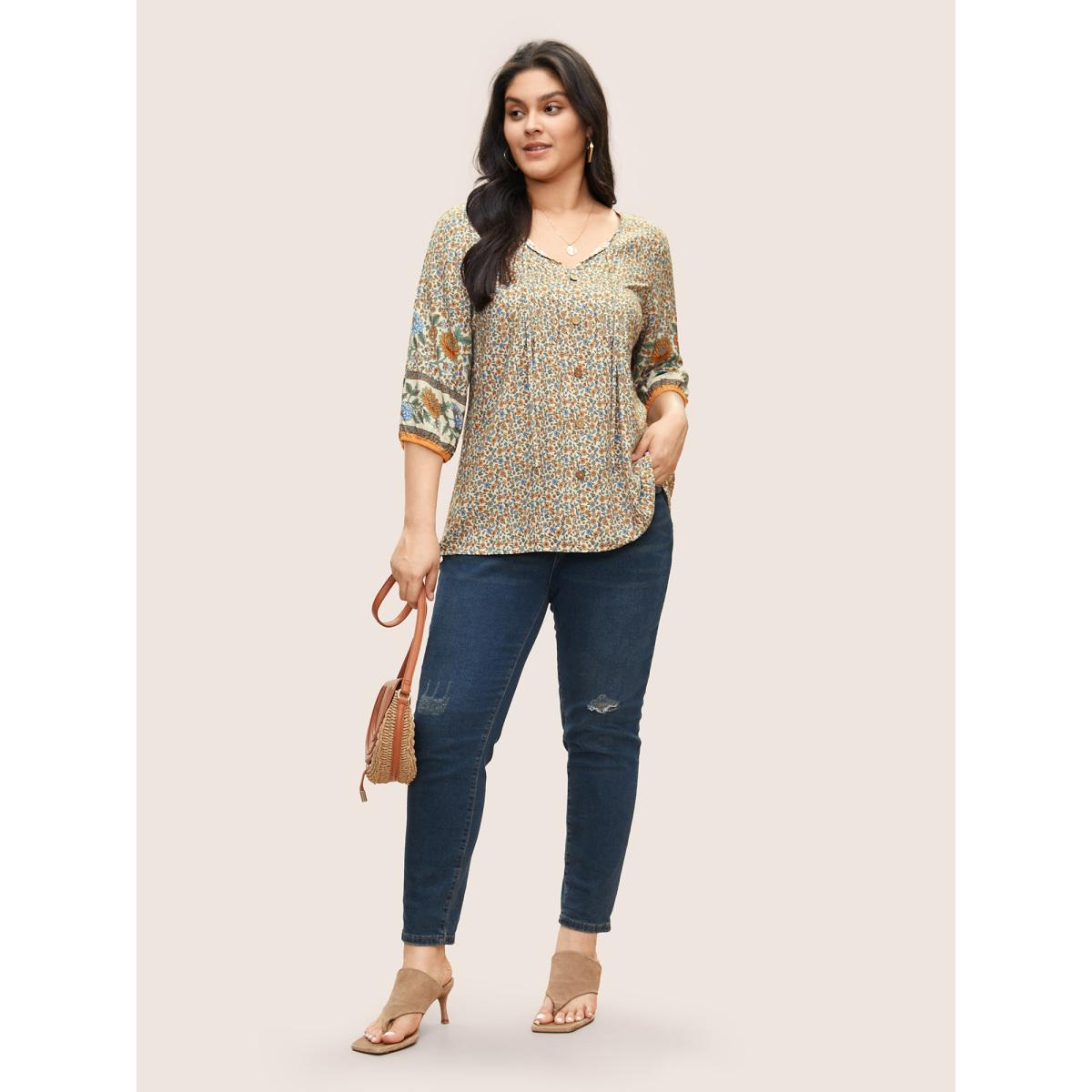 Plus Size Beige Boho Print Pleated Button Detail Tie Neck Blouse Women Resort Elbow-length sleeve Notched collar Vacation Blouses BloomChic 14-16/1X Product Image