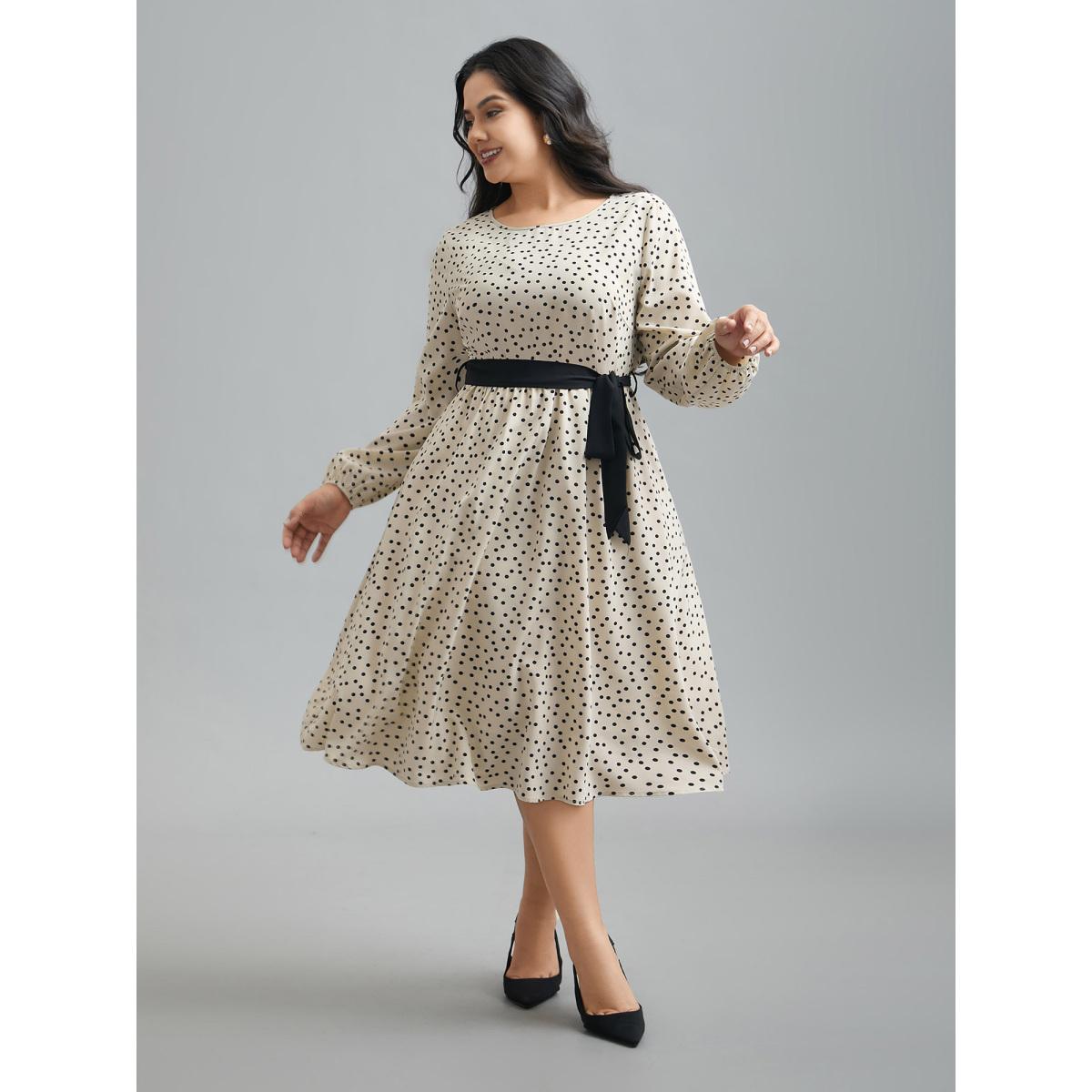 Plus Size Round Neck Polka Dot Waist-Tie Midi Dress Apricot Women Elegant Belted Round Neck Long Sleeve Curvy BloomChic 30/6X Product Image