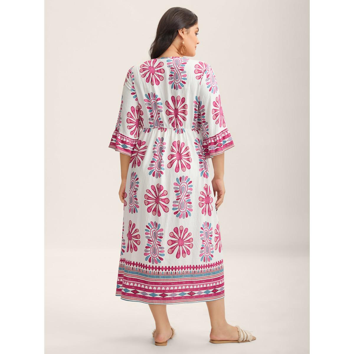 Plus Size Boho Drama Sheer A-Line Midi Dress Rosered Women Boho V-neck Elbow-length sleeve Curvy BloomChic 26/4X Product Image