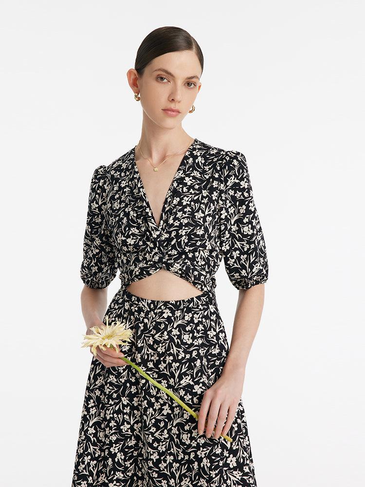 Iris Print V-Neck Tied Women Midi Dress Product Image