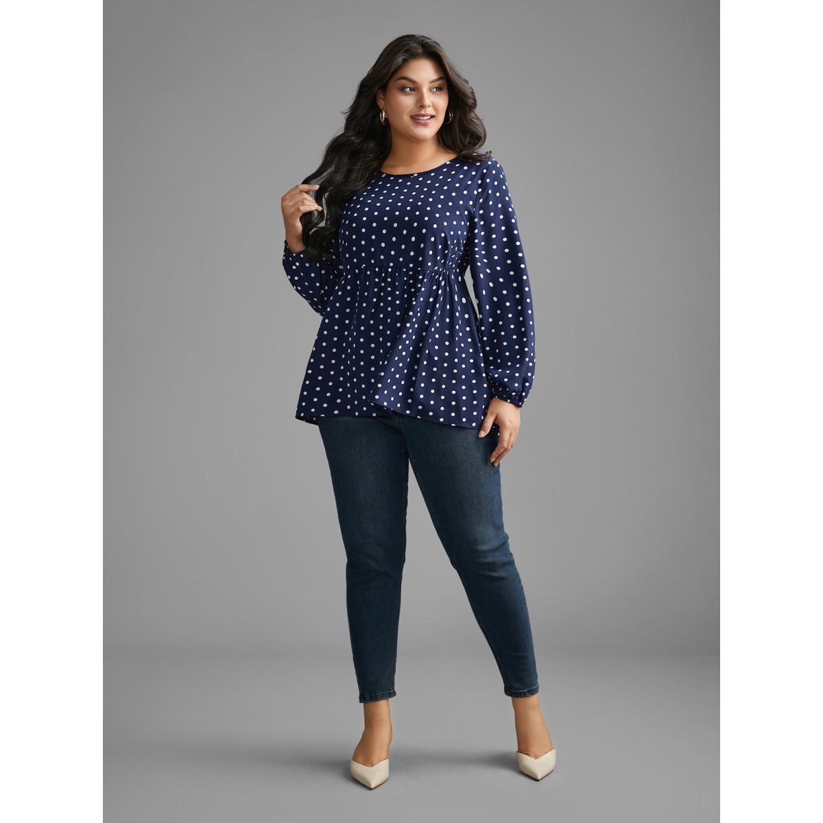 Plus Size Indigo Polka Dot Gathered Lantern Sleeve Blouse Women Elegant Long Sleeve Round Neck Everyday Blouses BloomChic 28/5X Product Image